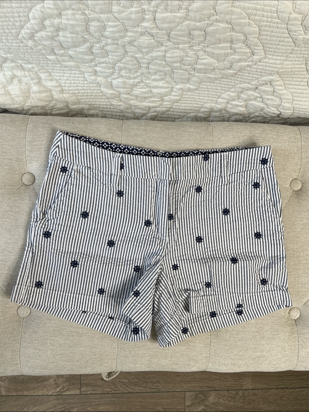 British Khaki Navy and White Striped Embroidered Shorts